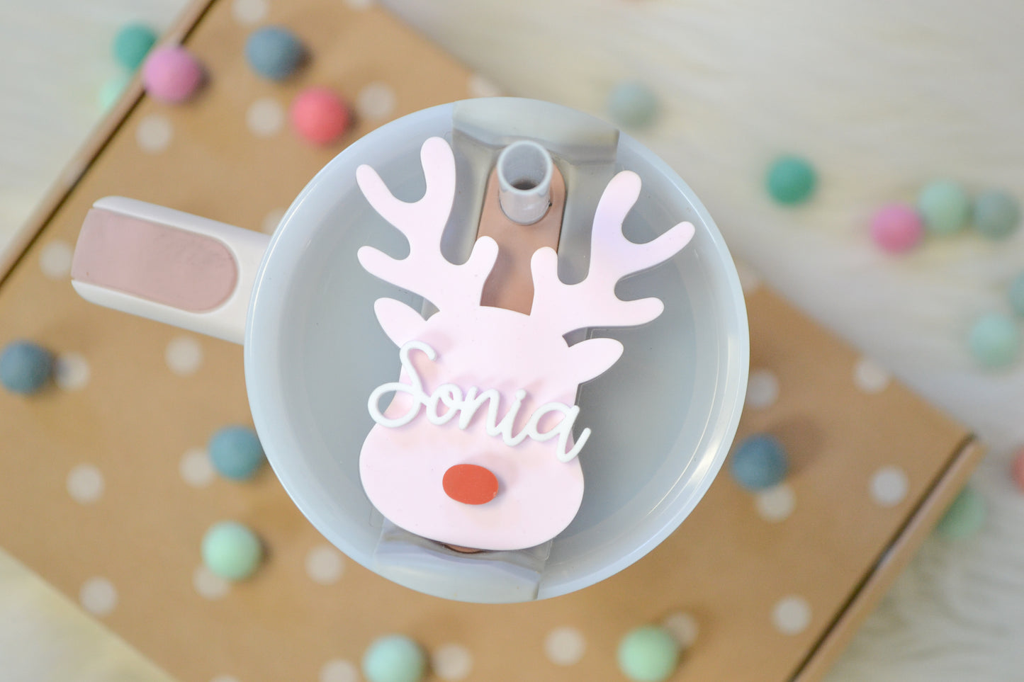 Christmas Reindeer Personalized Stanley Tumbler Name Plate Acrylic