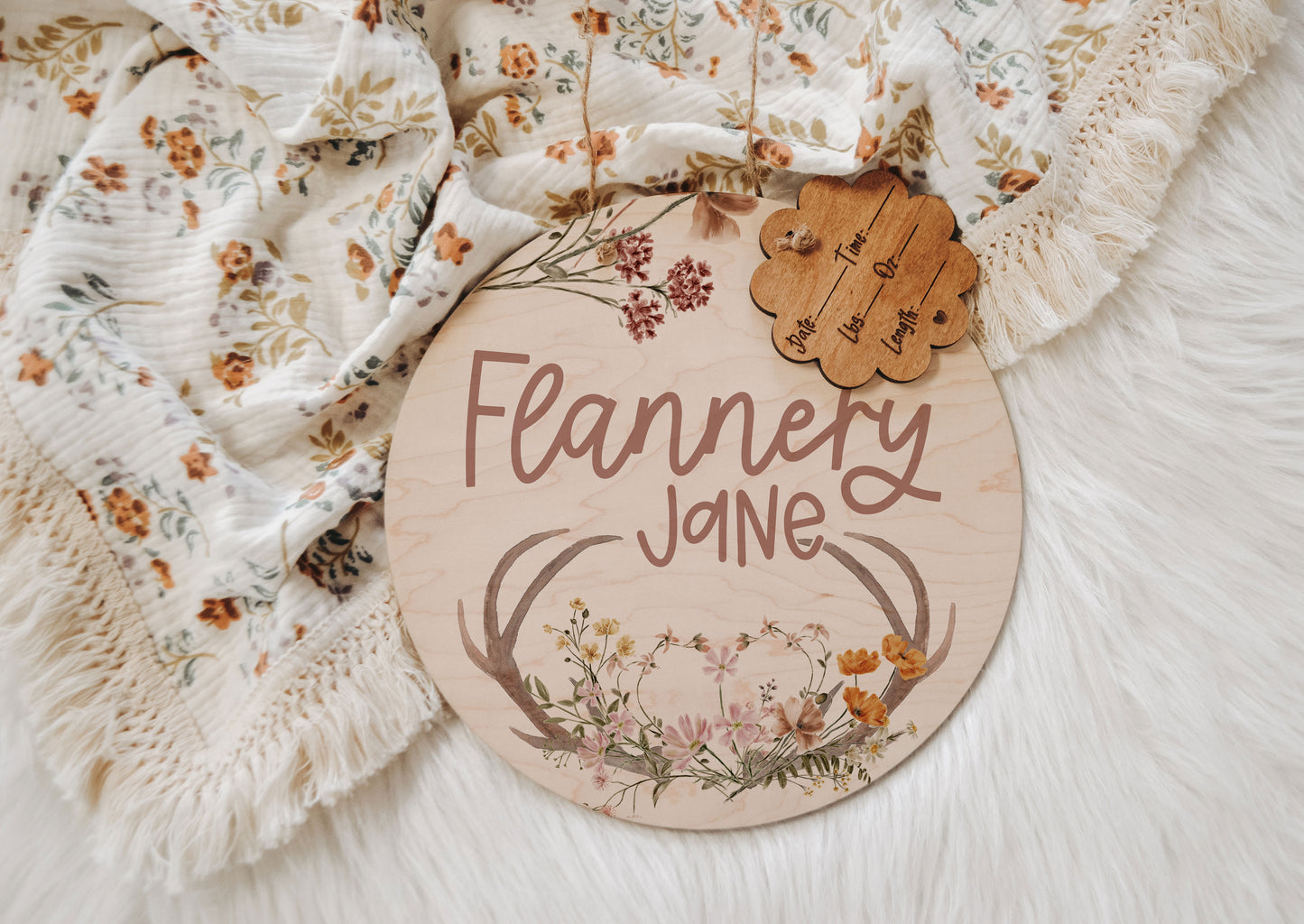 Hospital Door Hanger Girl, Antlers & Wildflowers Baby Doorhanger, Nursery Name Sign, Birth Stats Newborn Announcement, Shower Gift