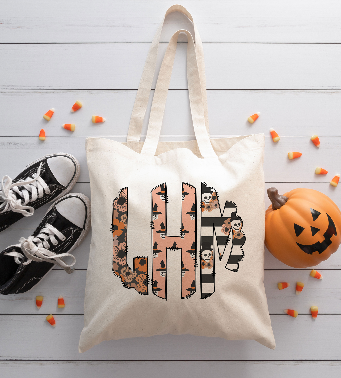 Floral Skulls Monogram Halloween Trick or Treat Bag