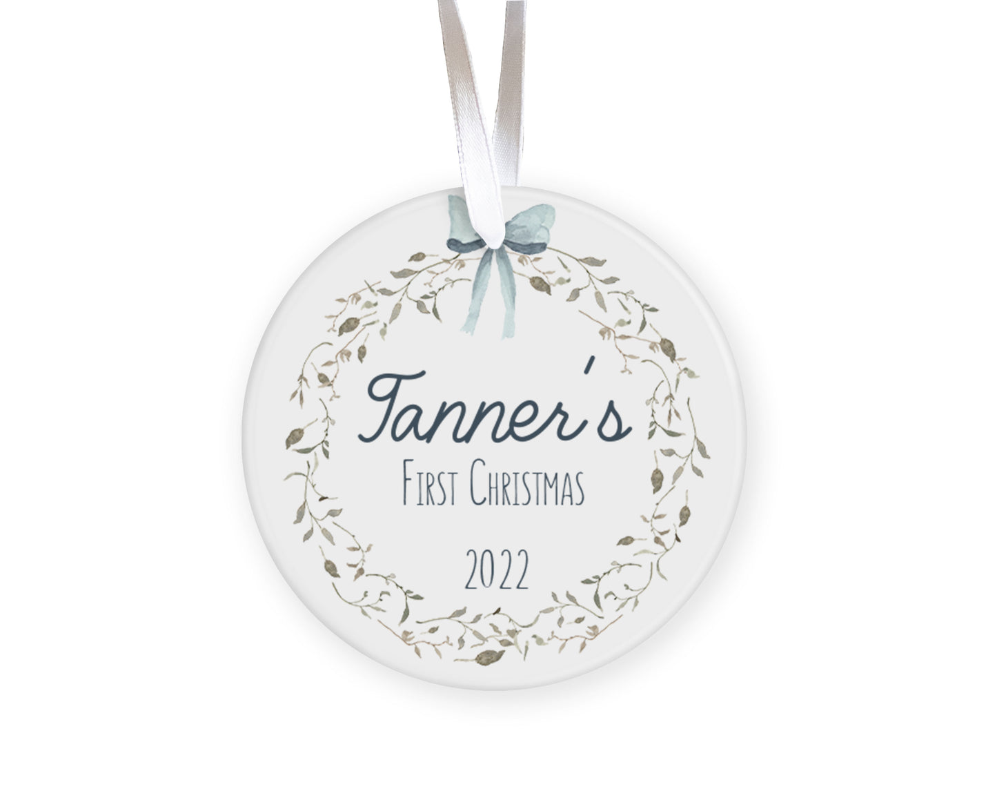 Baby Boy Blue Ribbon Wreath First Christmas Ornament