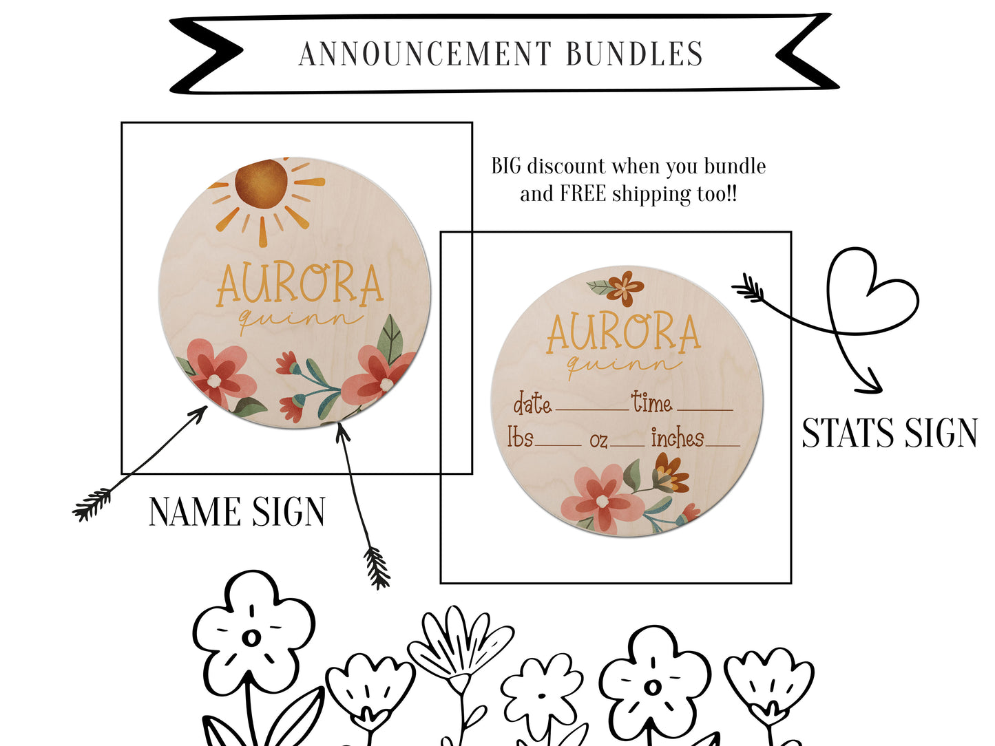 Aurora Collection - Sunshine & Flowers Name Sign Birth Stats Announcement AQ0021