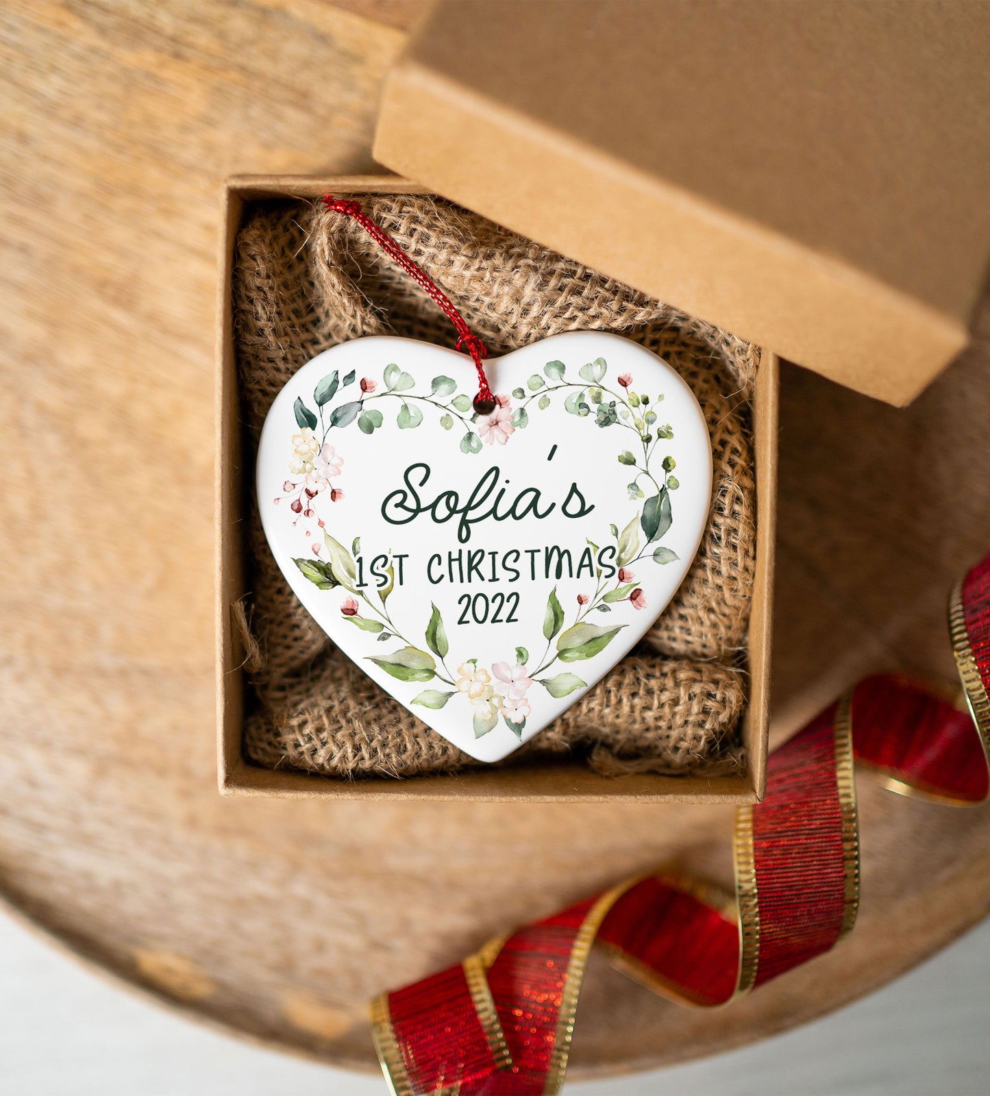 Floral Heart Personalized First Christmas Ornament