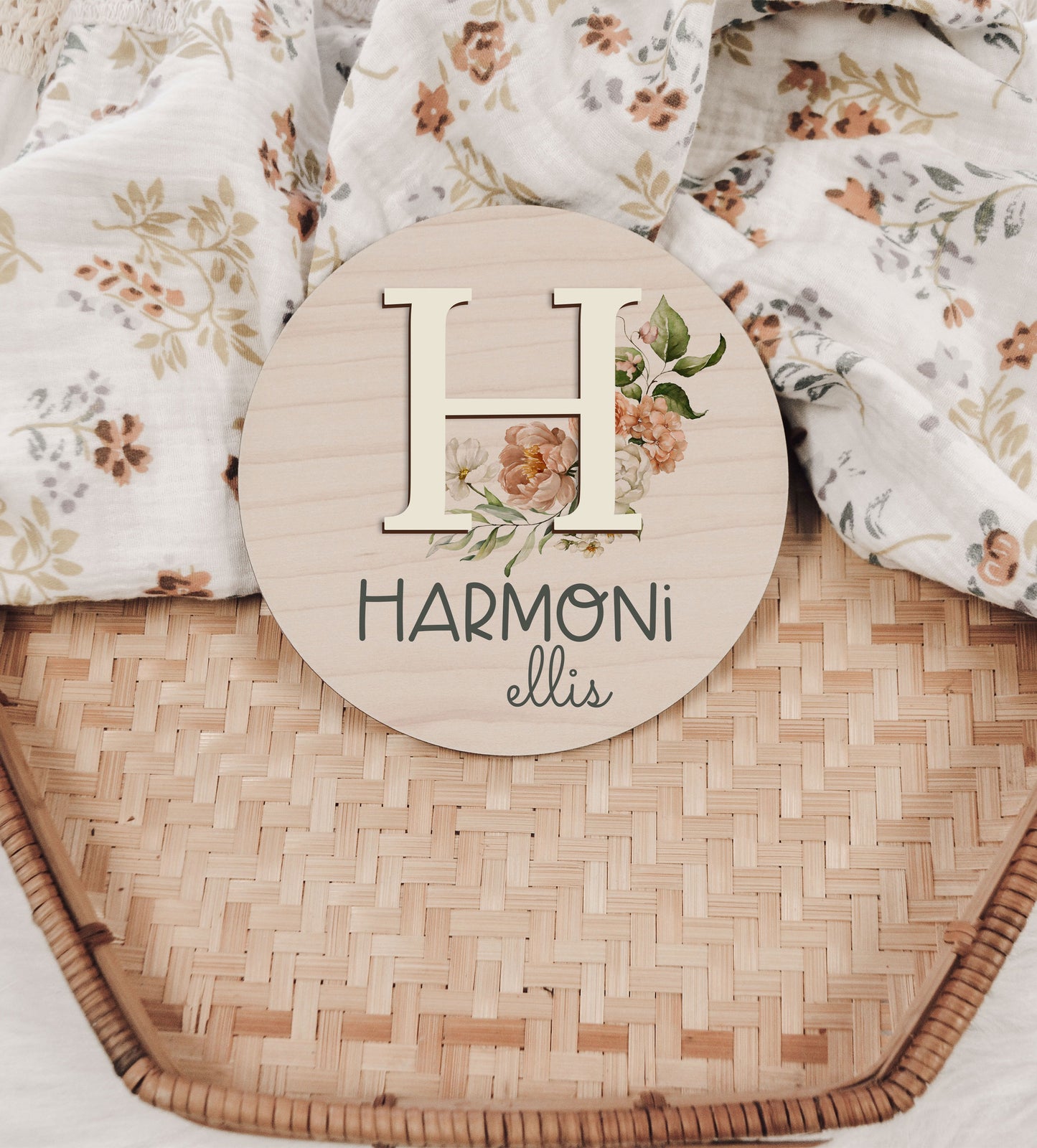 Floral 3D Printed Round Nursery Name Sign