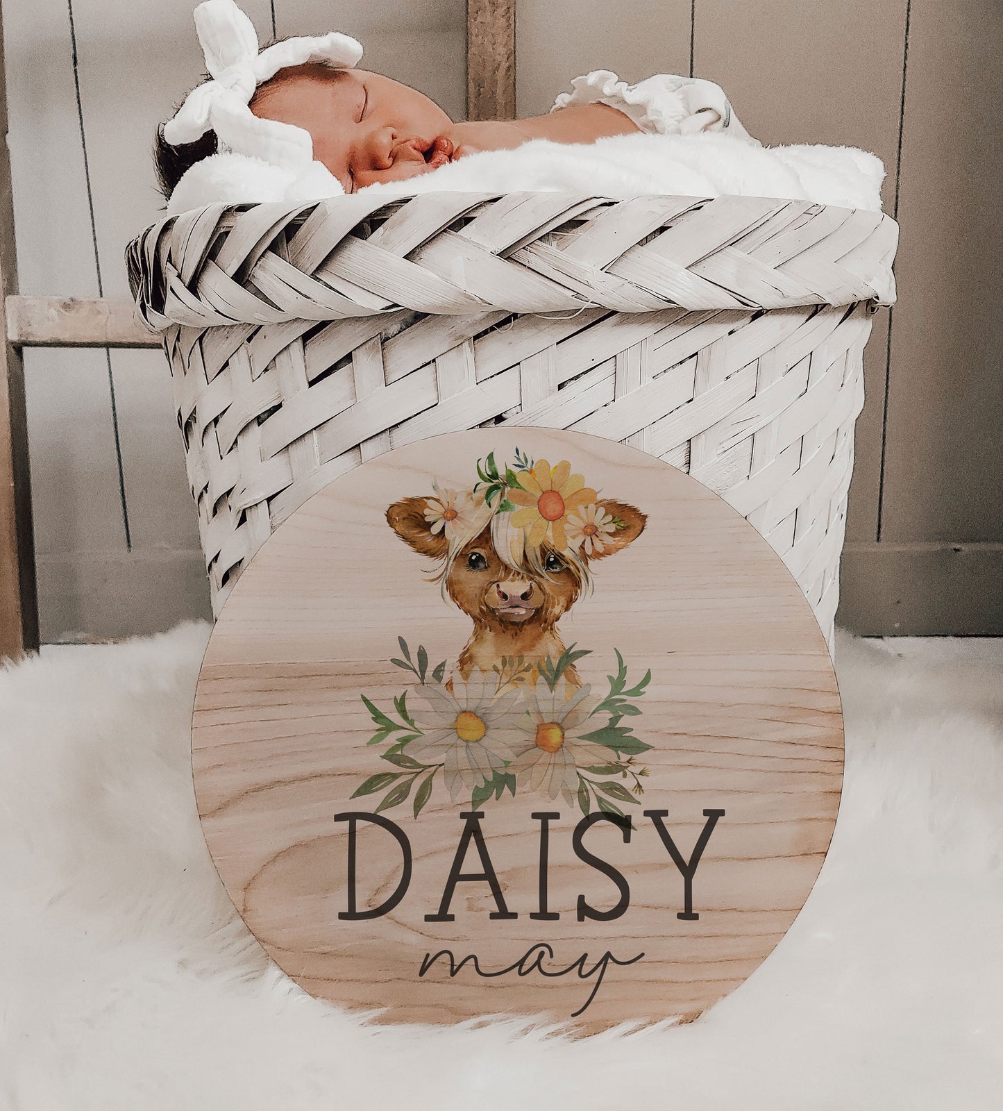 Highland Cow Daisy- Baby Name Birth Announcement Sign