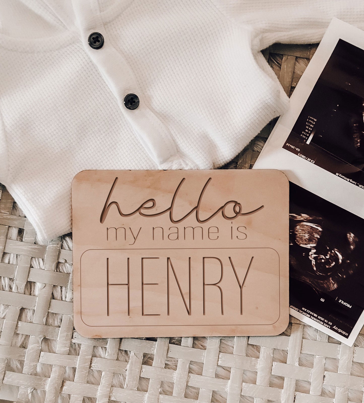 Engraved Hello My Name Is Wood Baby Name Tag