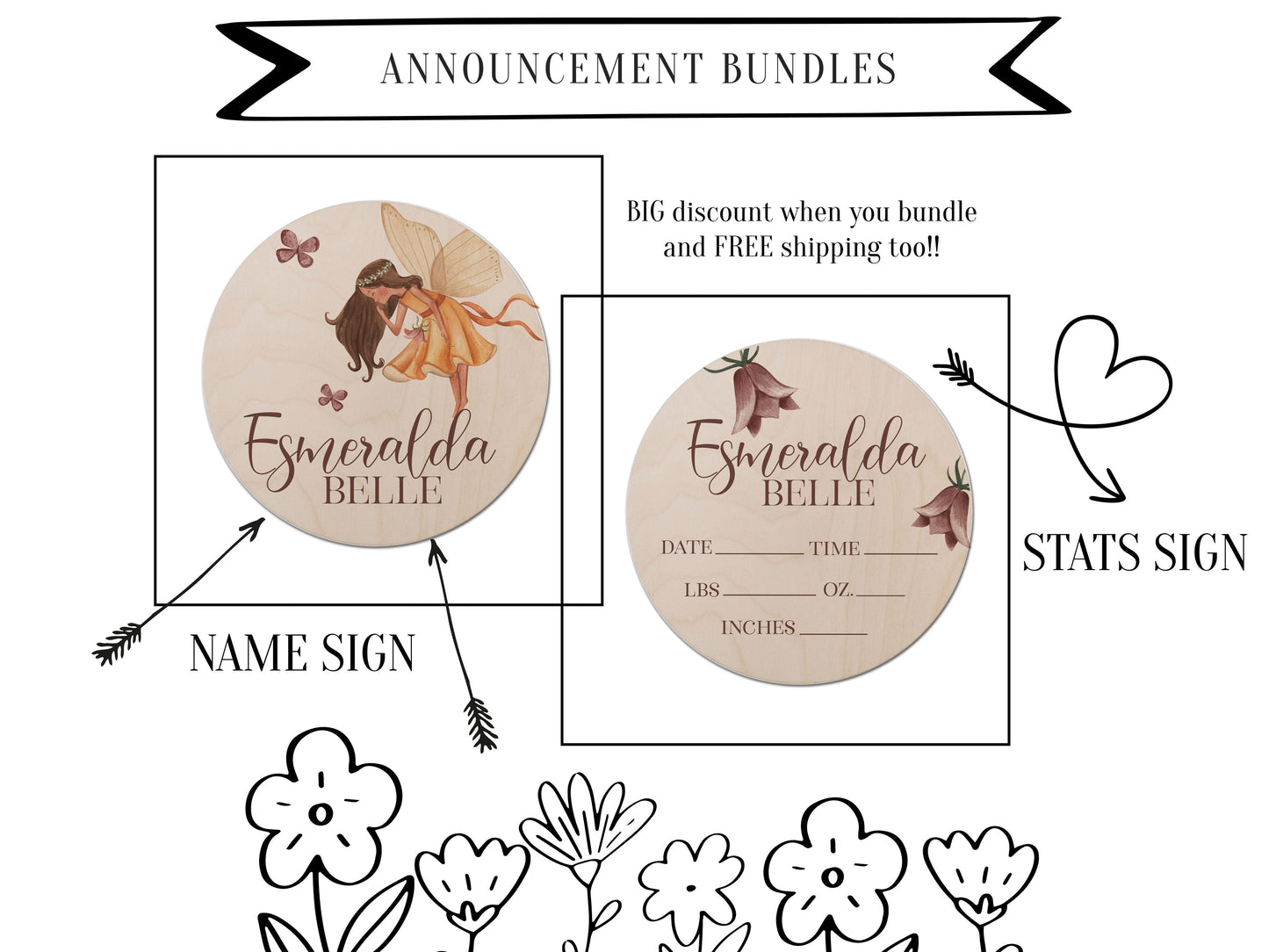 Esmeralda Collection - Fairy Garden Birth Stats Announcement Name Sign EB001