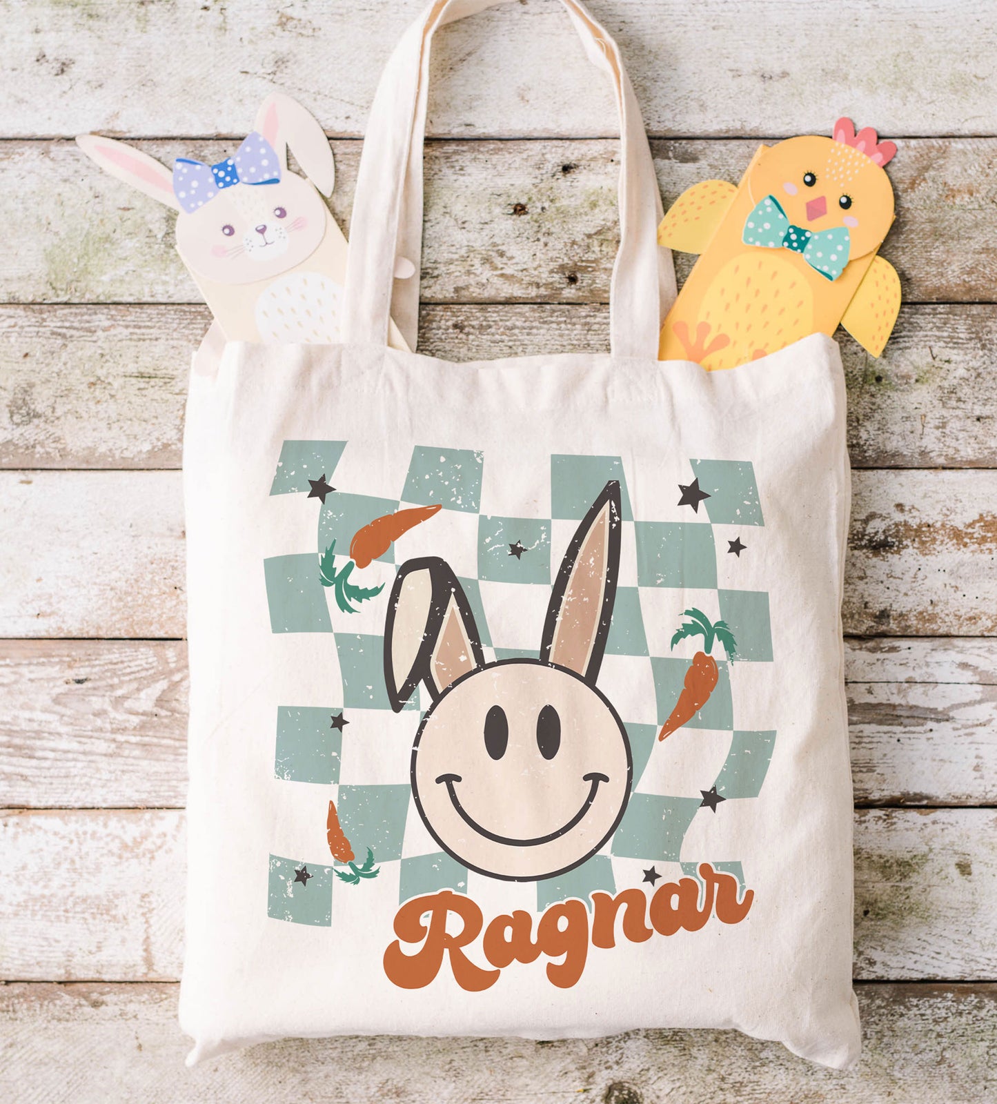 Smiley Bunny Blue Personalized Easter Tote.