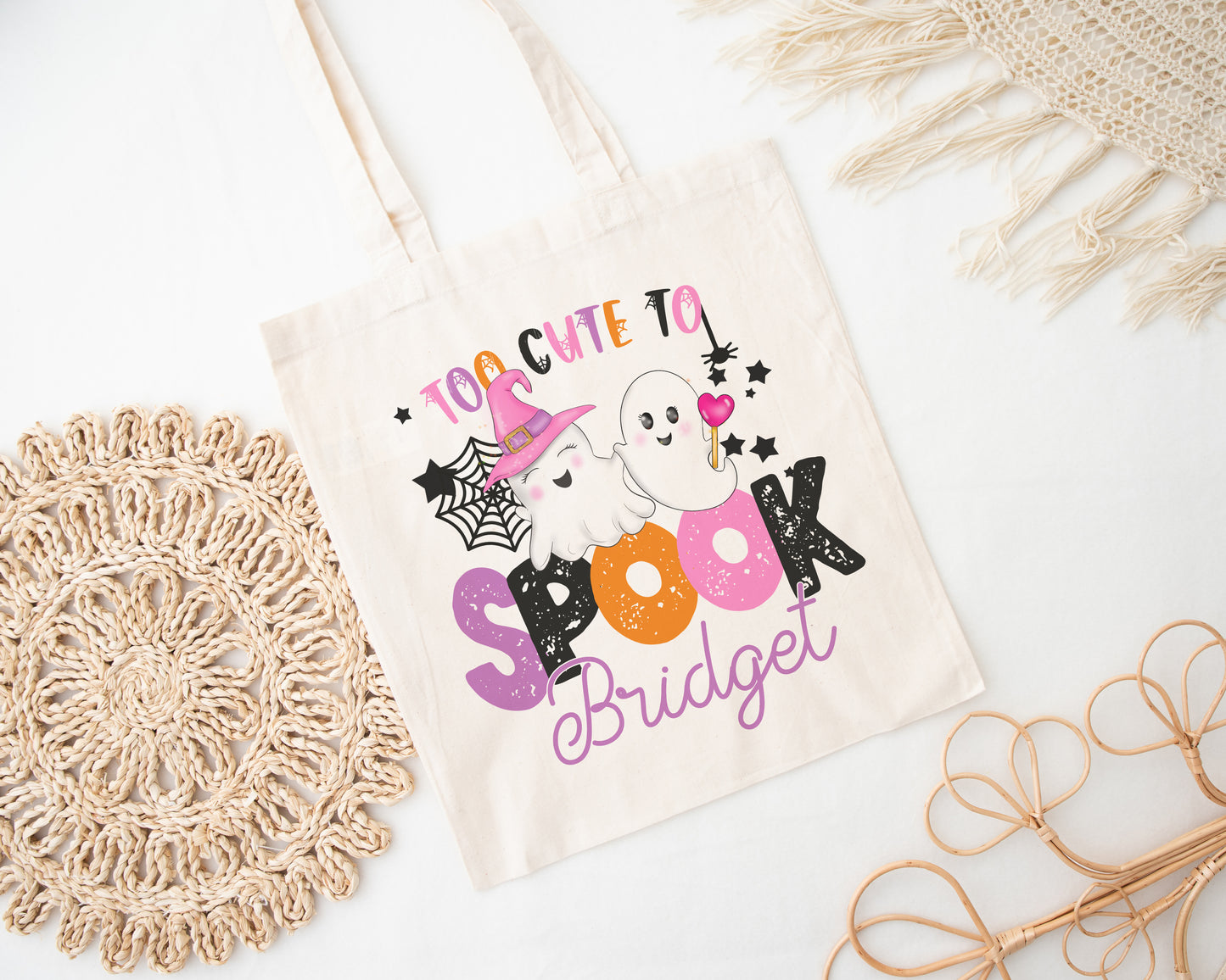Too Cute to Spook Custom Name Halloween Trick or Treat Bag