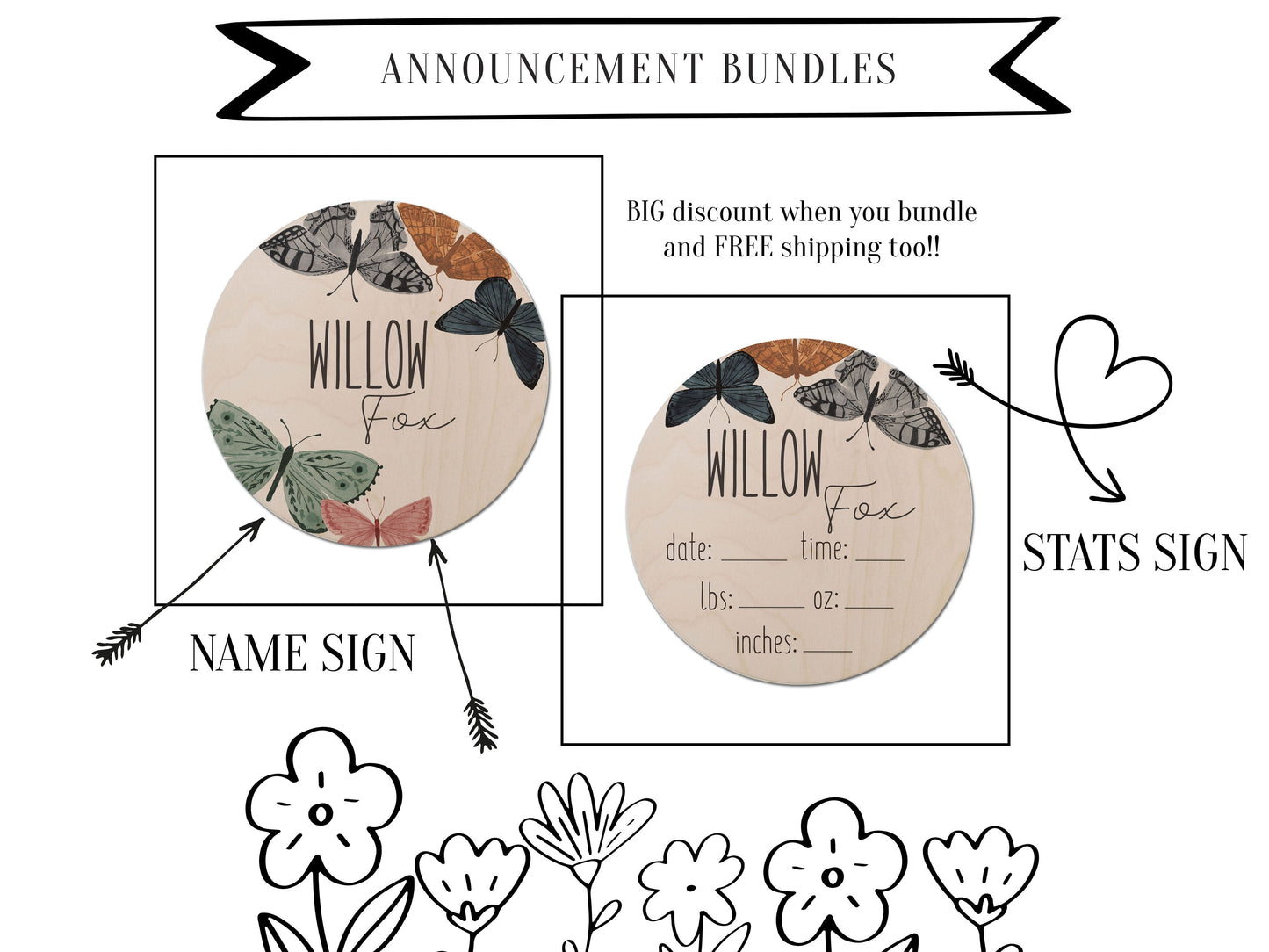 Boho Butterflies- Birth Stats Sign -