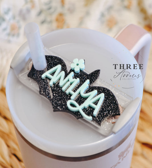 Stanley Name Plate Tumbler Tag Personalized, Halloween Glitter Bat Tumbler Name Tags, Custom Quencher Tumbler Topper Lid H2.0 20/30oz 40oz