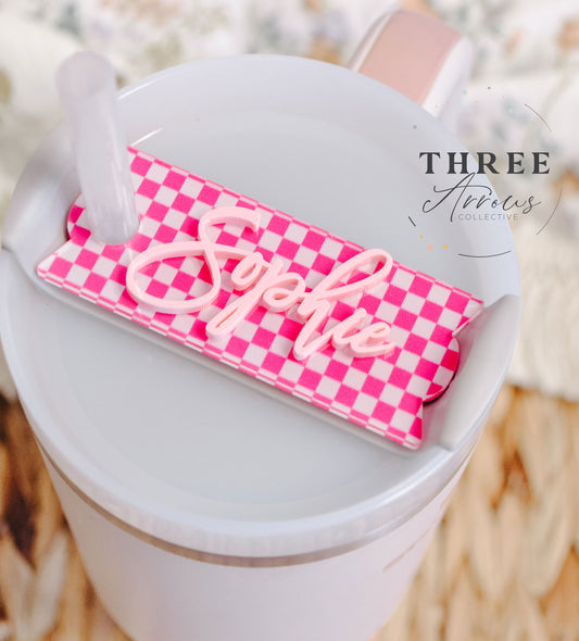 Fuchsia Checkered Stanley Tumbler Name Plate