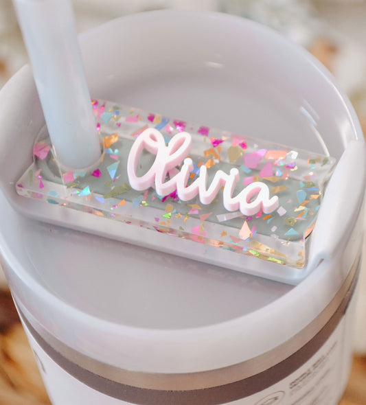 14oz Stanley Cup Accessories, Name Plate Tumbler Tag Personalized, Confetti Tumbler Tags for Toddler, Personalized Quencher Lid Topper H2.0