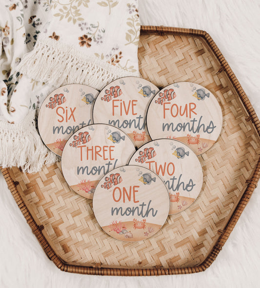 Under the Sea Baby Milestone Markers Month to Month Engraved Wood Cutout Wood Baby Milestone Monthly Milestone Picture Prop New Baby Gift