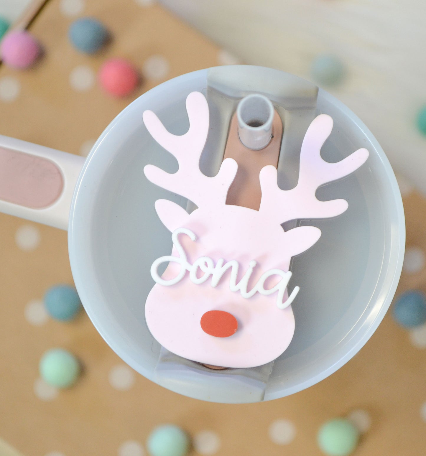 Christmas Reindeer Personalized Stanley Tumbler Name Plate Acrylic