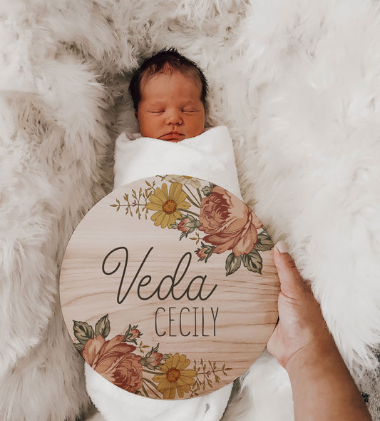 Veda - Vintage Rose Hibiscus Name Announcement Sign