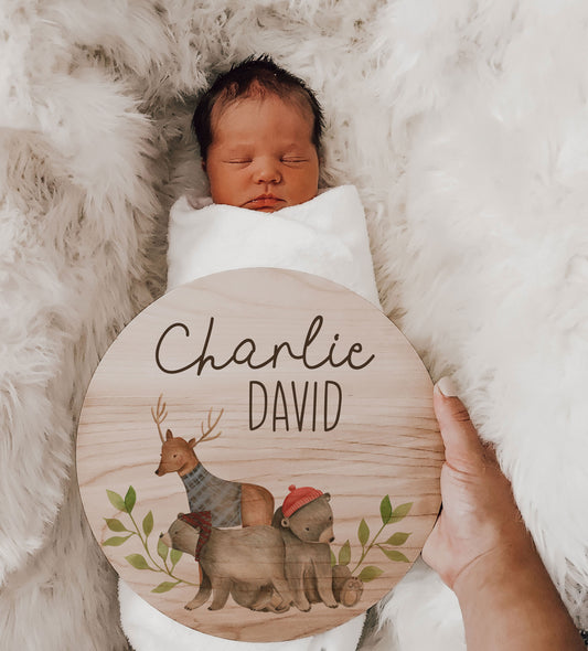 Woodland Bears Birth Announcement Name Sign