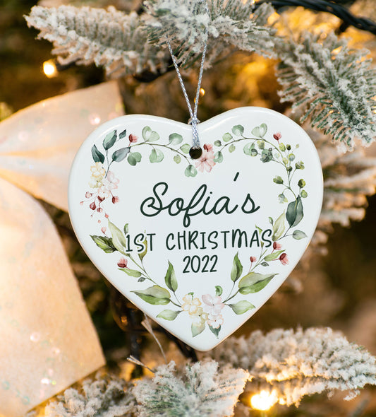 Floral Heart Personalized First Christmas Ornament