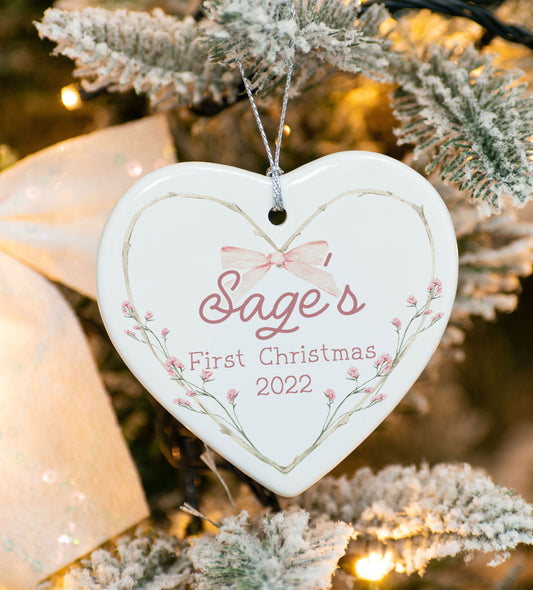 Pink Ribbon Baby Girl First Christmas Ornament