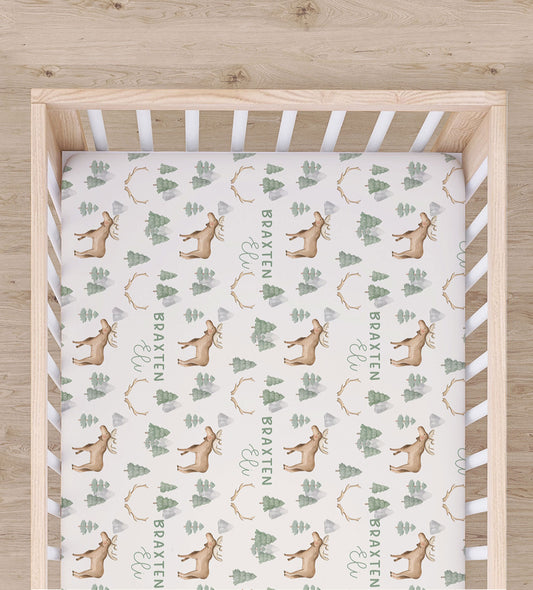 Woodland Moose Personalized Crib Sheet