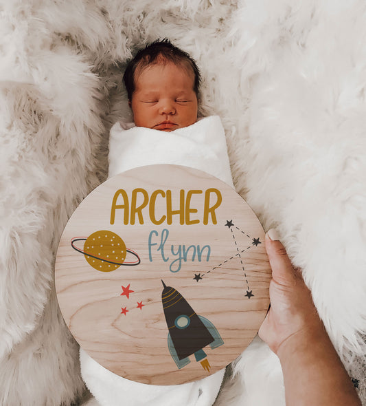 Space Themed Baby Name Birth Announcement Wood Sign
