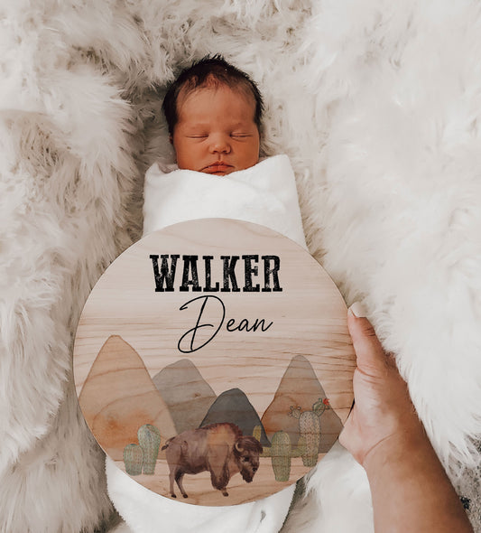 Bison Cactus Baby Name Birth Announcement Wood Sign