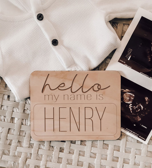 Engraved Hello My Name Is Wood Baby Name Tag