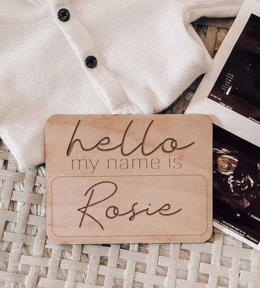 Engraved Hello My Name Is Wood Baby Name Tag