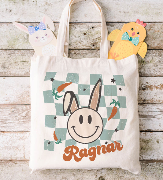 Smiley Bunny Blue Personalized Easter Tote.