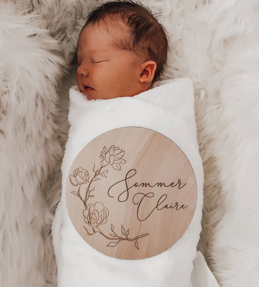 Engraved Floral Baby Name Announcement Sign